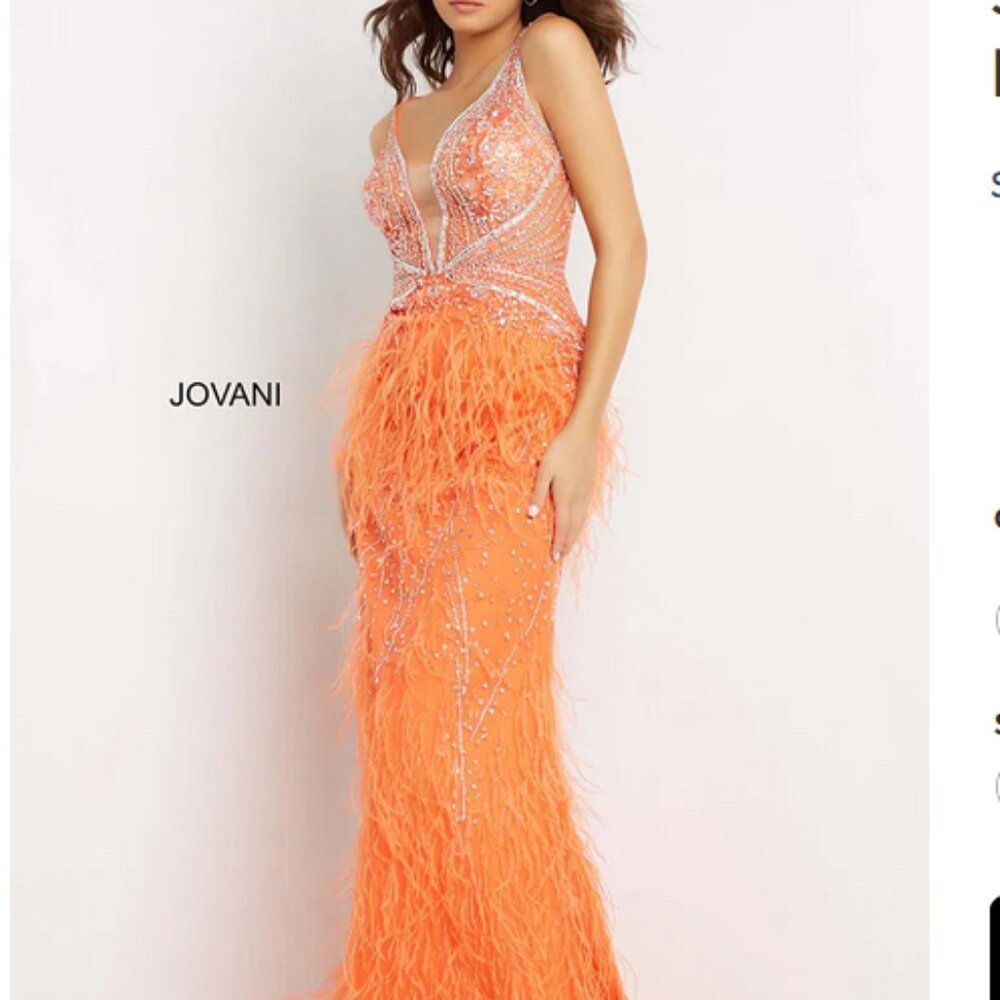 Jovani - 03023 Orange - Sheer Bodice Beaded Feather Mermaid Evening Gown